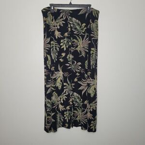 Briggs black green grunge tropical leaf print pull on partial button front skirt